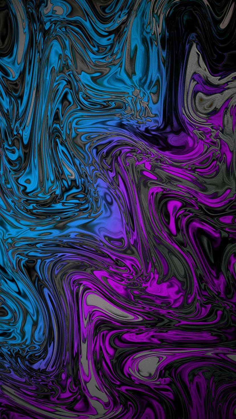 Intertwined blue and purple liquid swirls flowing dynamically against a solid black background with depth.