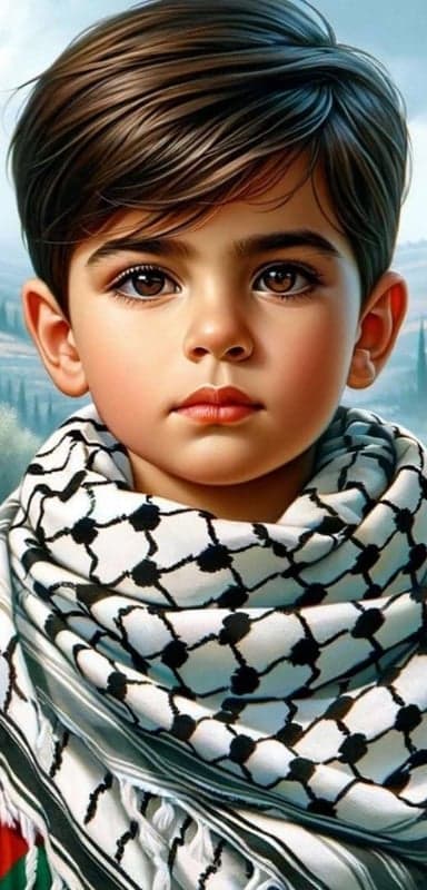 Young Boy Wearing Keffiyeh with Palestinian Flag