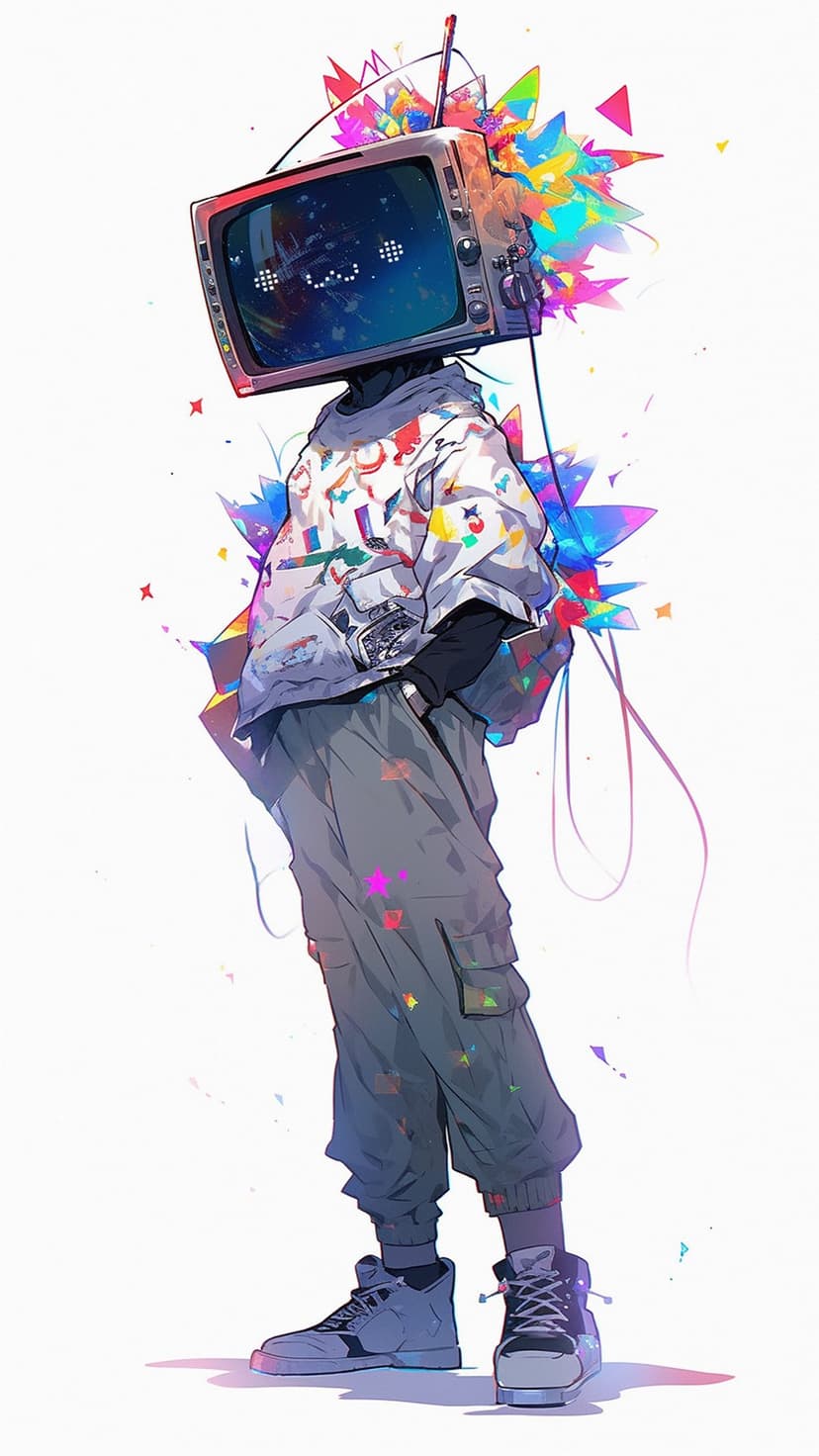 TV head character with a pixelated smile wearing a graffiti hoodie amidst colorful abstract geometric shapes.