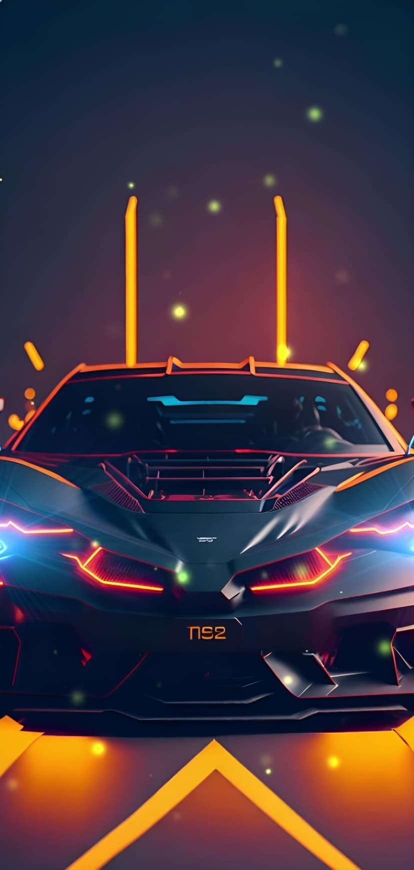 Sleek futuristic sports car with orange and blue neon light accents against a dark sci-fi background.