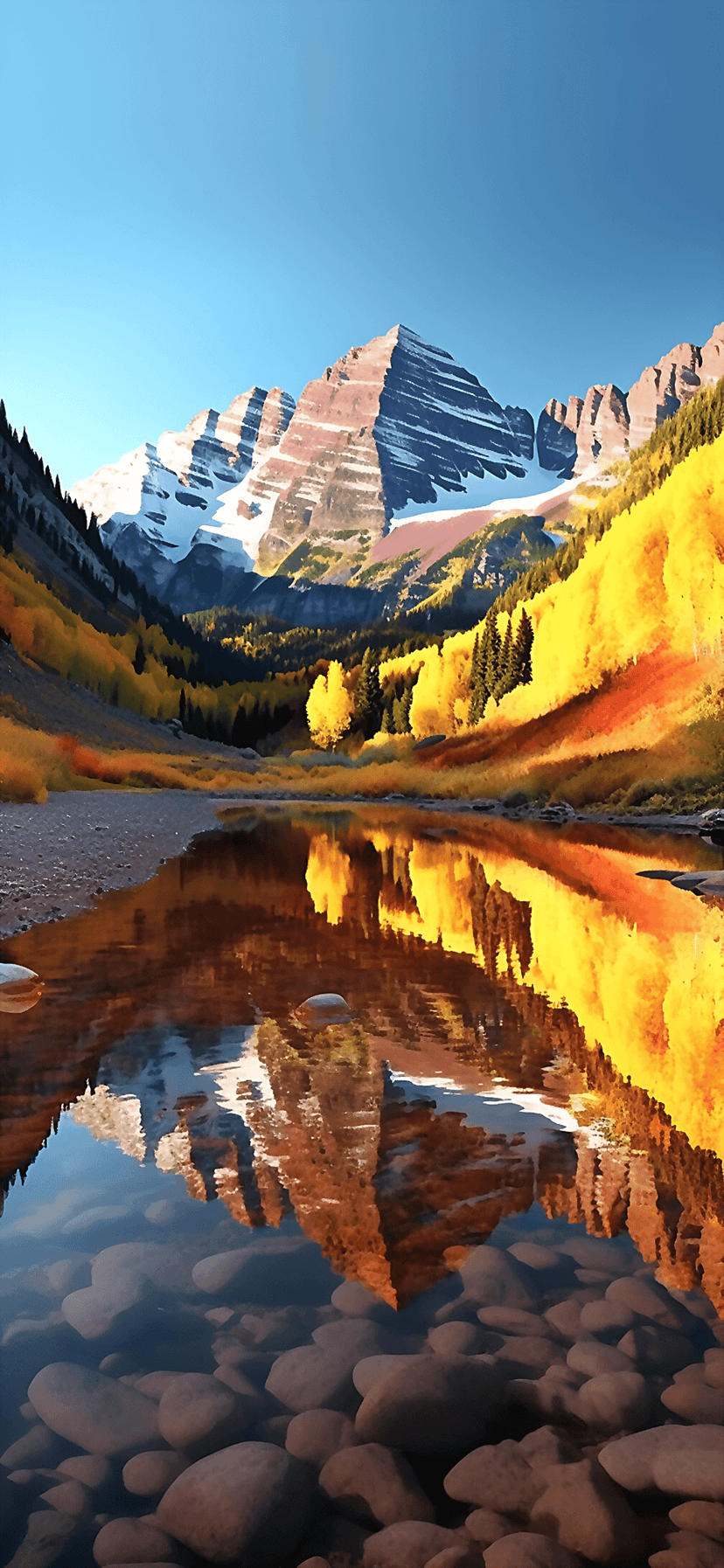Maroon Bells mountains with snowy peaks reflect in a still lake framed by golden autumn aspen trees in Colorado.