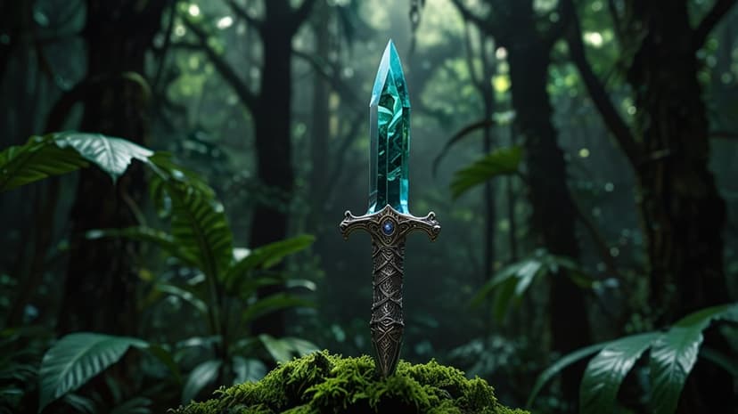 Glowing crystal dagger with intricate hilt rests in mossy earth surrounded by sunlit jungle ferns and foliage.