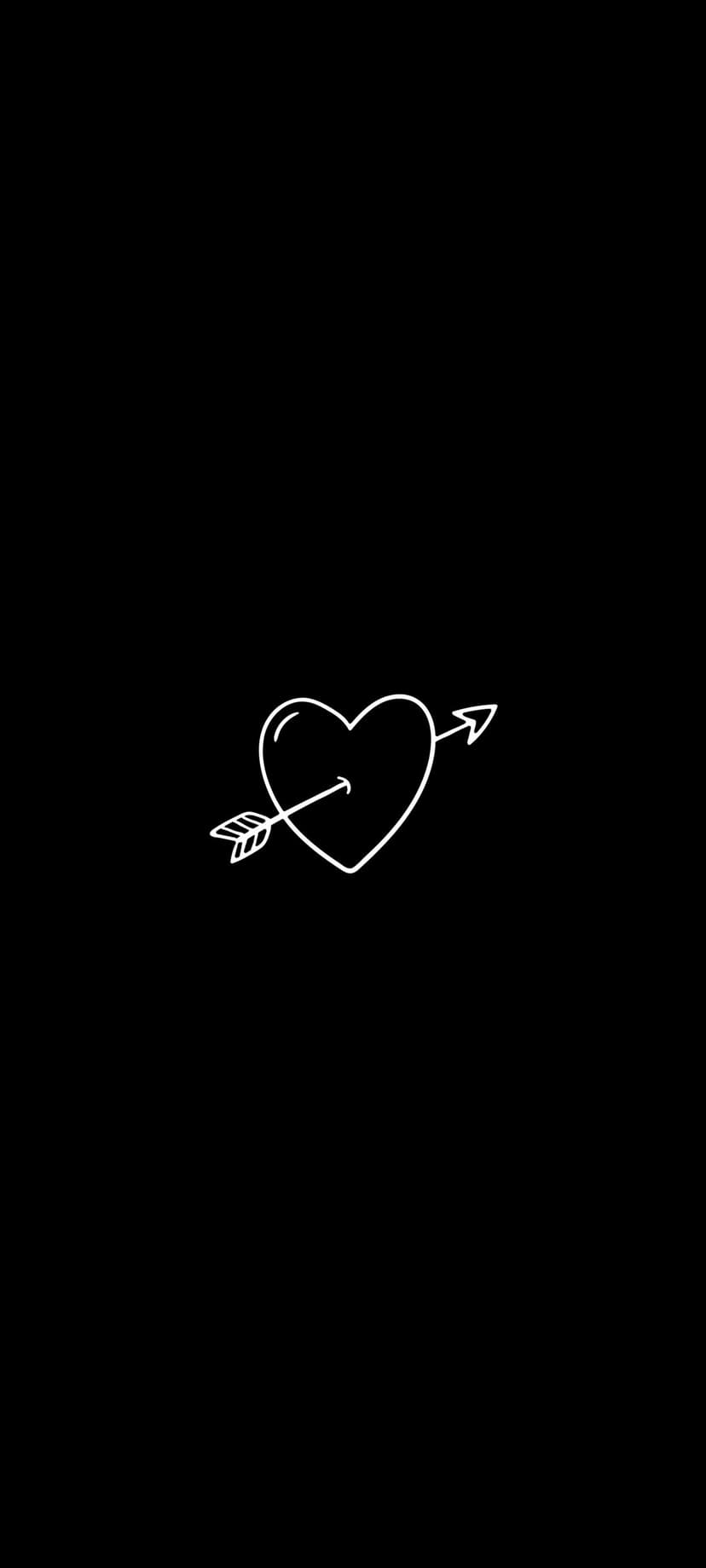 White heart outline with a diagonal arrow centered on a solid black backdrop for high-contrast mobile viewing.