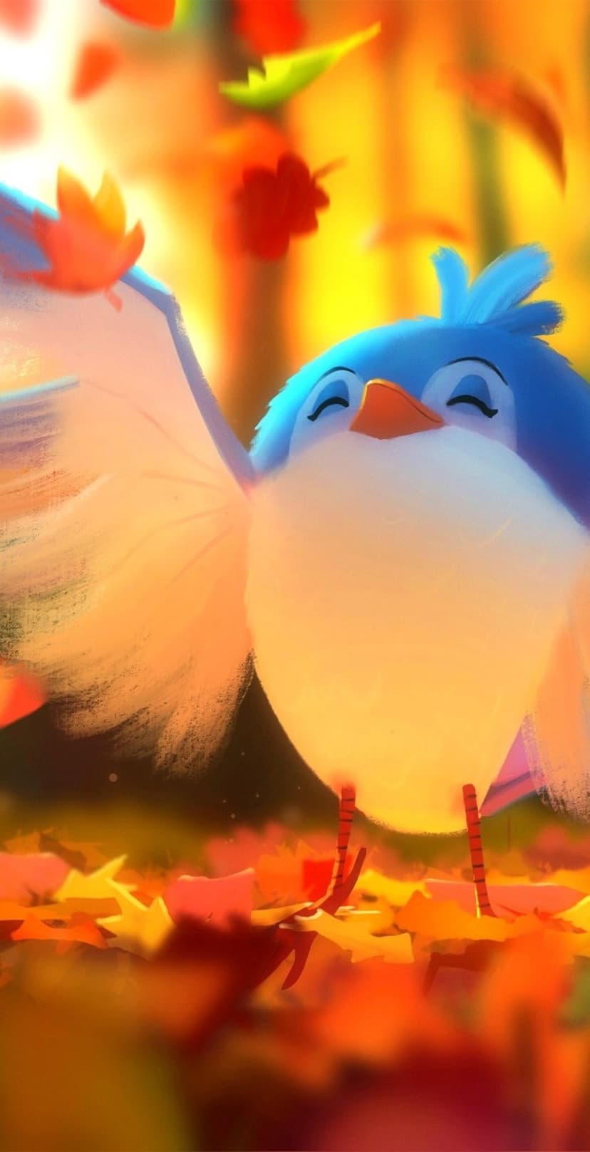 Fluffy blue bird with closed eyes and outspread wings surrounded by vibrant autumn leaves in soft warm lighting.