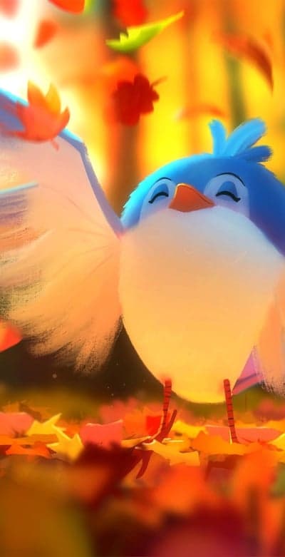 Whimsical Blue Bird Autumn Leaves Phone Wallpaper