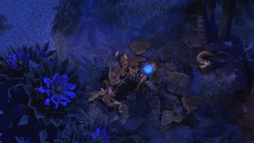 Large blue flowers in a desert night scene with fallen gryphons and a mysterious glowing blue sphere.