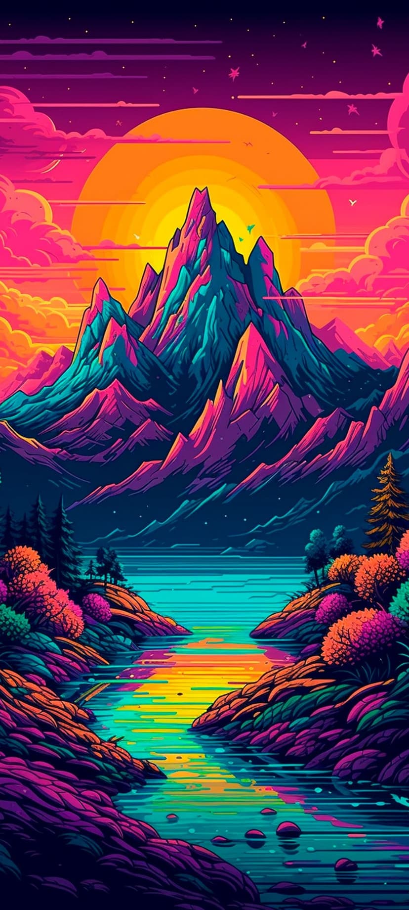 Giant orange sun setting behind purple neon mountains with a reflective river and star-filled pink sky.