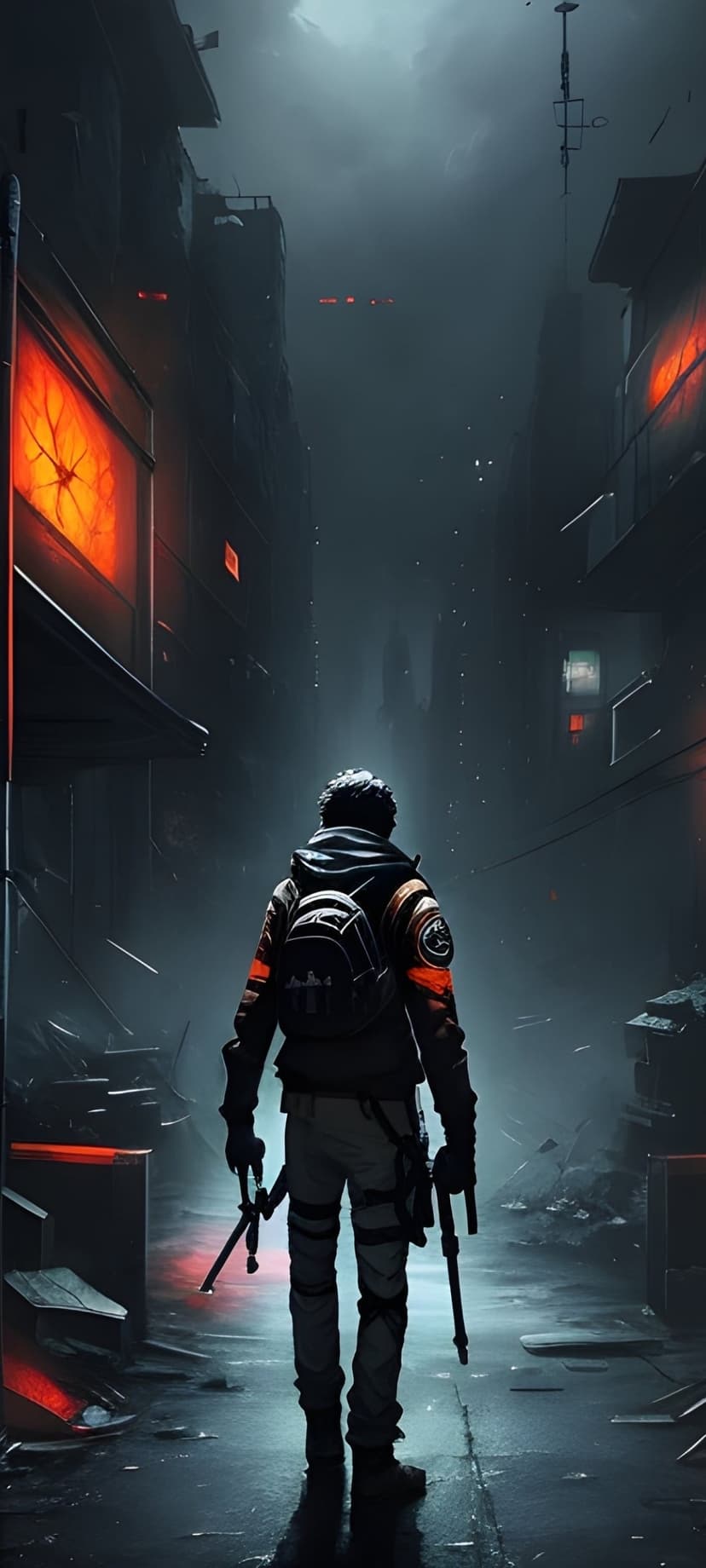 Armed survivor in tactical gear stands amidst a ruined city alley with glowing orange lights and wet pavement.