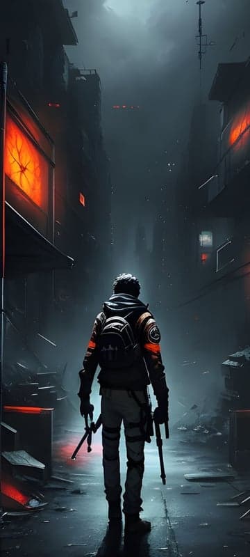 Lone survivor in a dystopian city alleyway