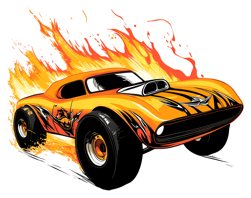 Vintage flaming hot rod car illustration displays orange fire decals on a black chassis from a side view.