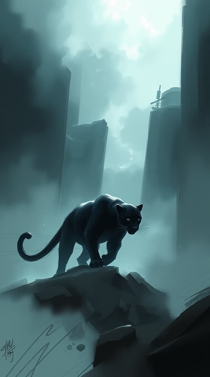 Black panther with glowing eyes perched on jagged rocks before a foggy futuristic city in shades of cyan.