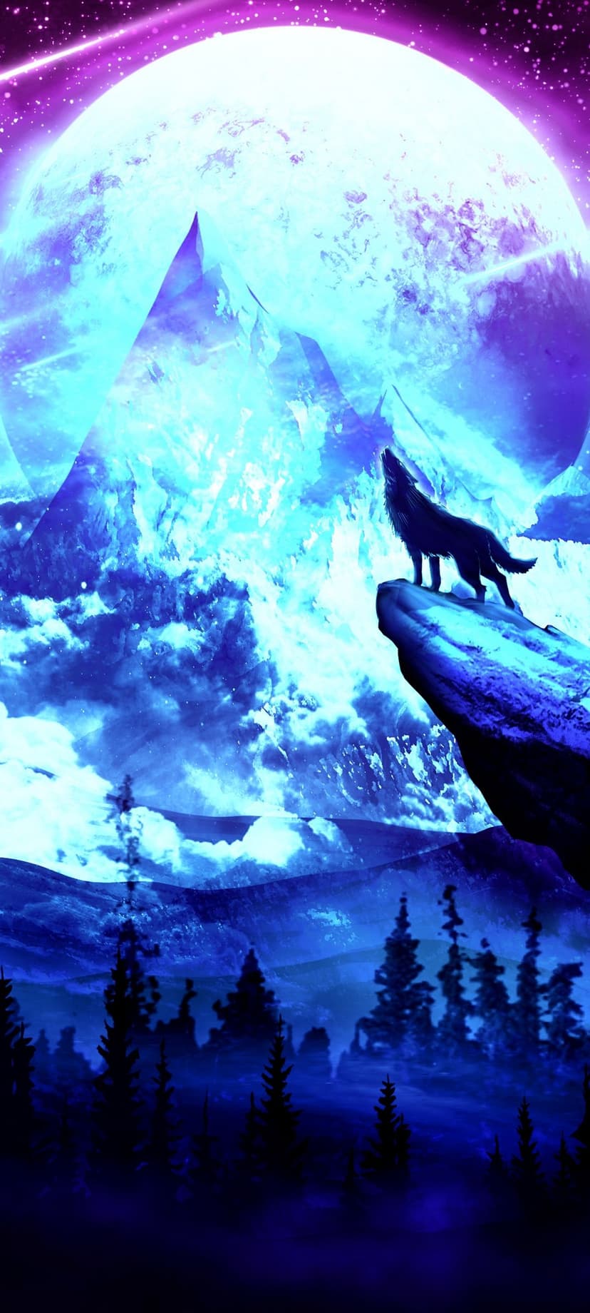 Wolf howling on a snowy cliff edge silhouetted against a massive glowing moon and a purple starry sky.