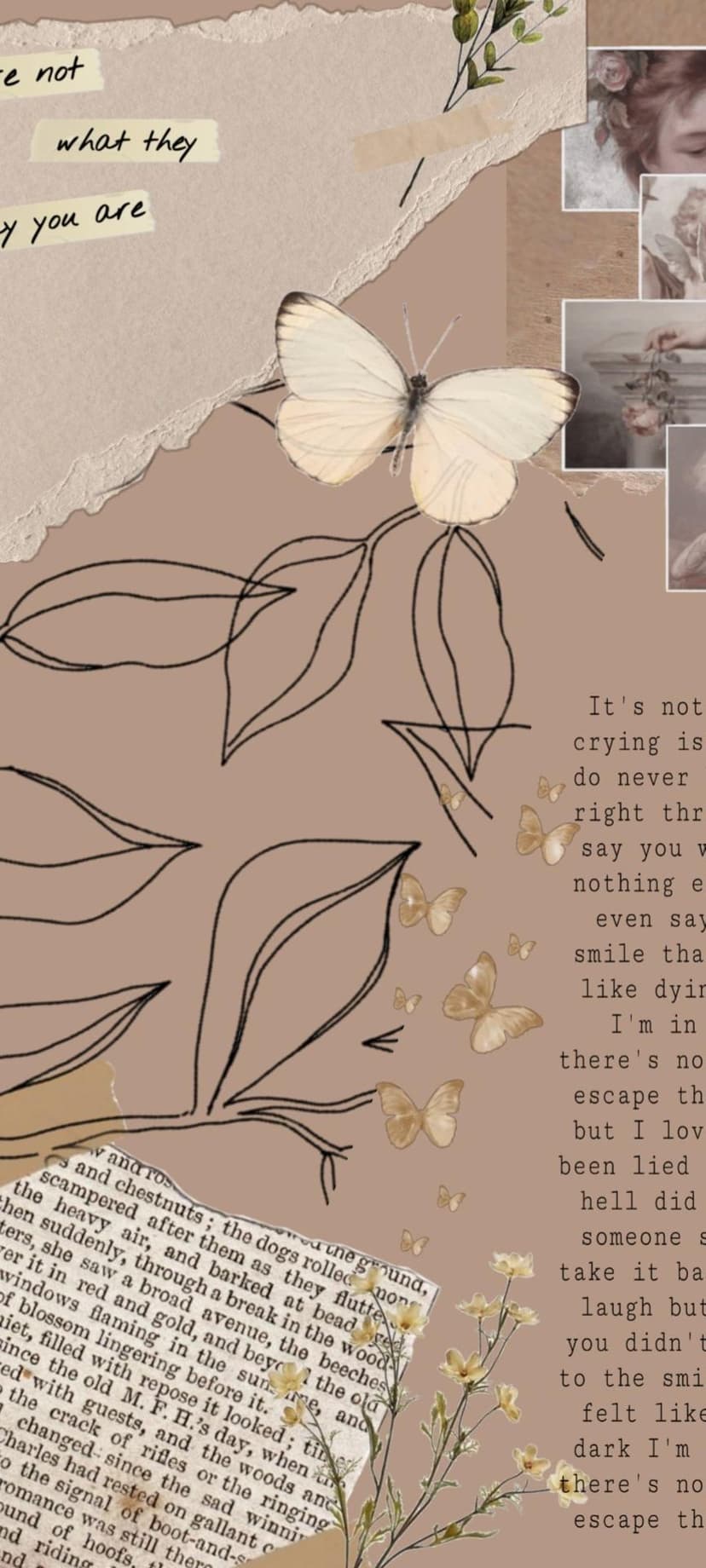 Butterflies and pressed flowers overlap vintage paper scraps and botanical sketches in a neutral collage.