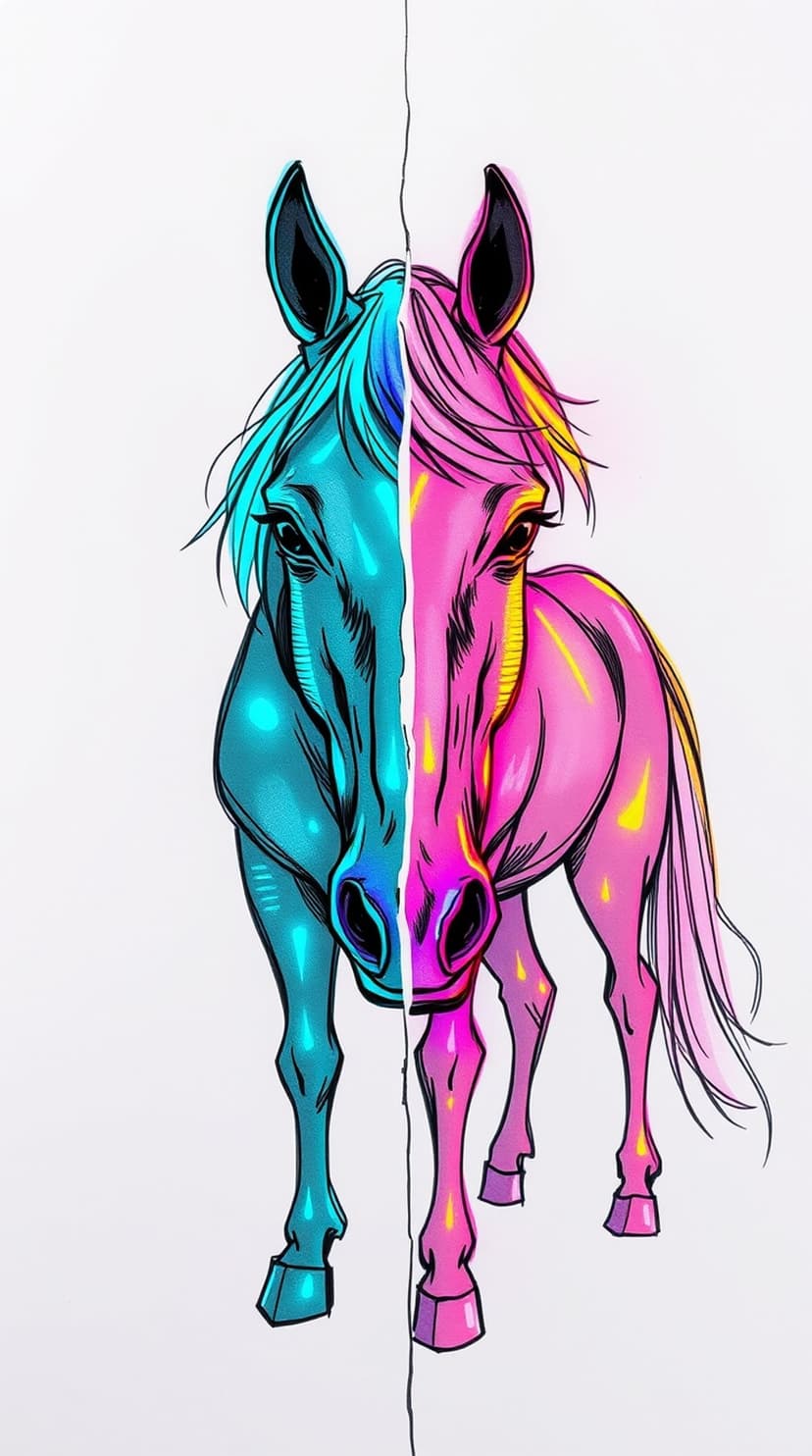 Horse head split vertically into glowing cyan and magenta halves with bright yellow highlights on a dark backdrop.