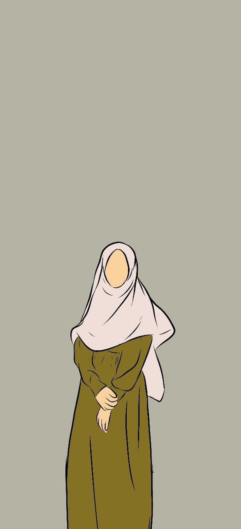 Woman in a light pink hijab and olive green dress stands with clasped hands against a plain grey background.