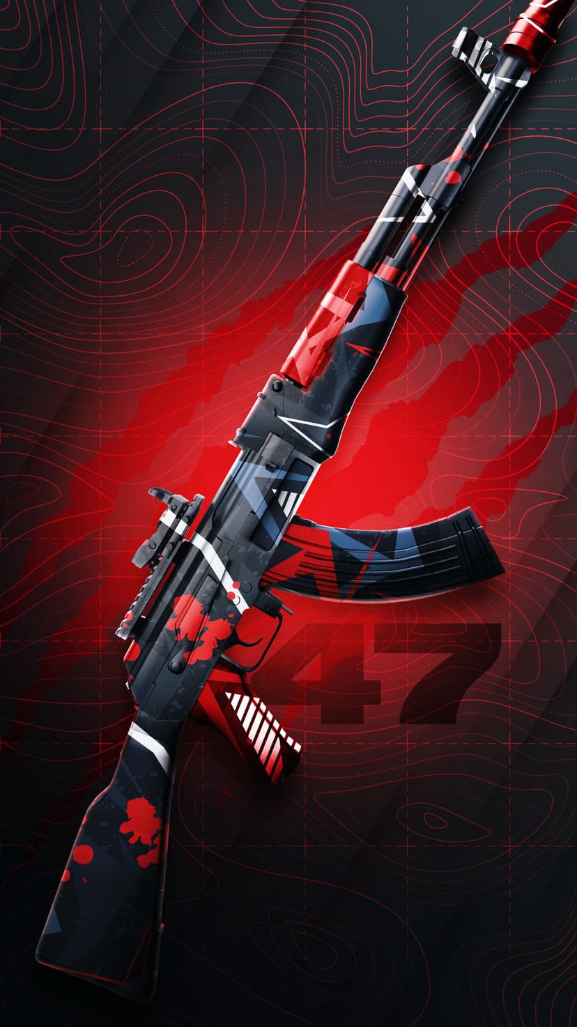AK-47 rifle with red topographic camo and black accents positioned over a dark textured weapon backdrop.