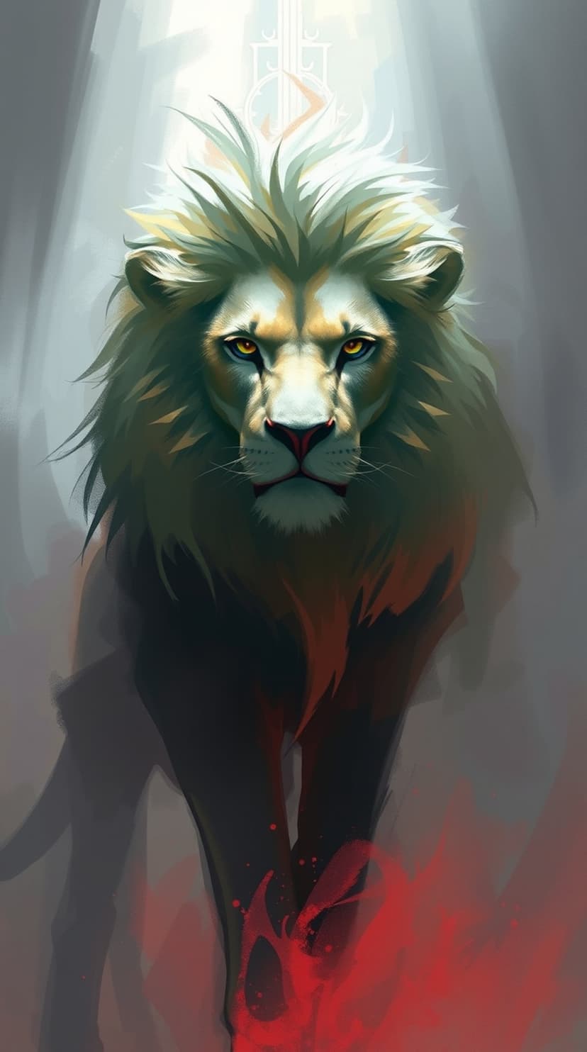 Lion with a golden mane and amber eyes stares forward while orange embers glow at the bottom of the frame.
