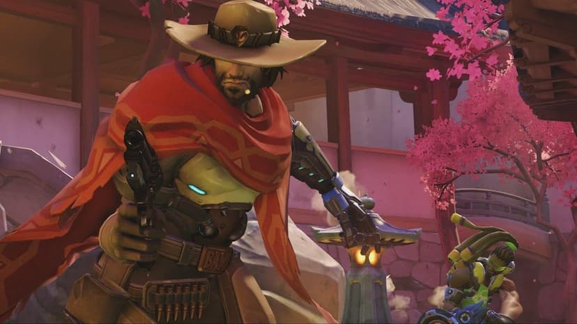 Cassidy holding a revolver with Lucio in the background under pink cherry blossoms in Hanamura.