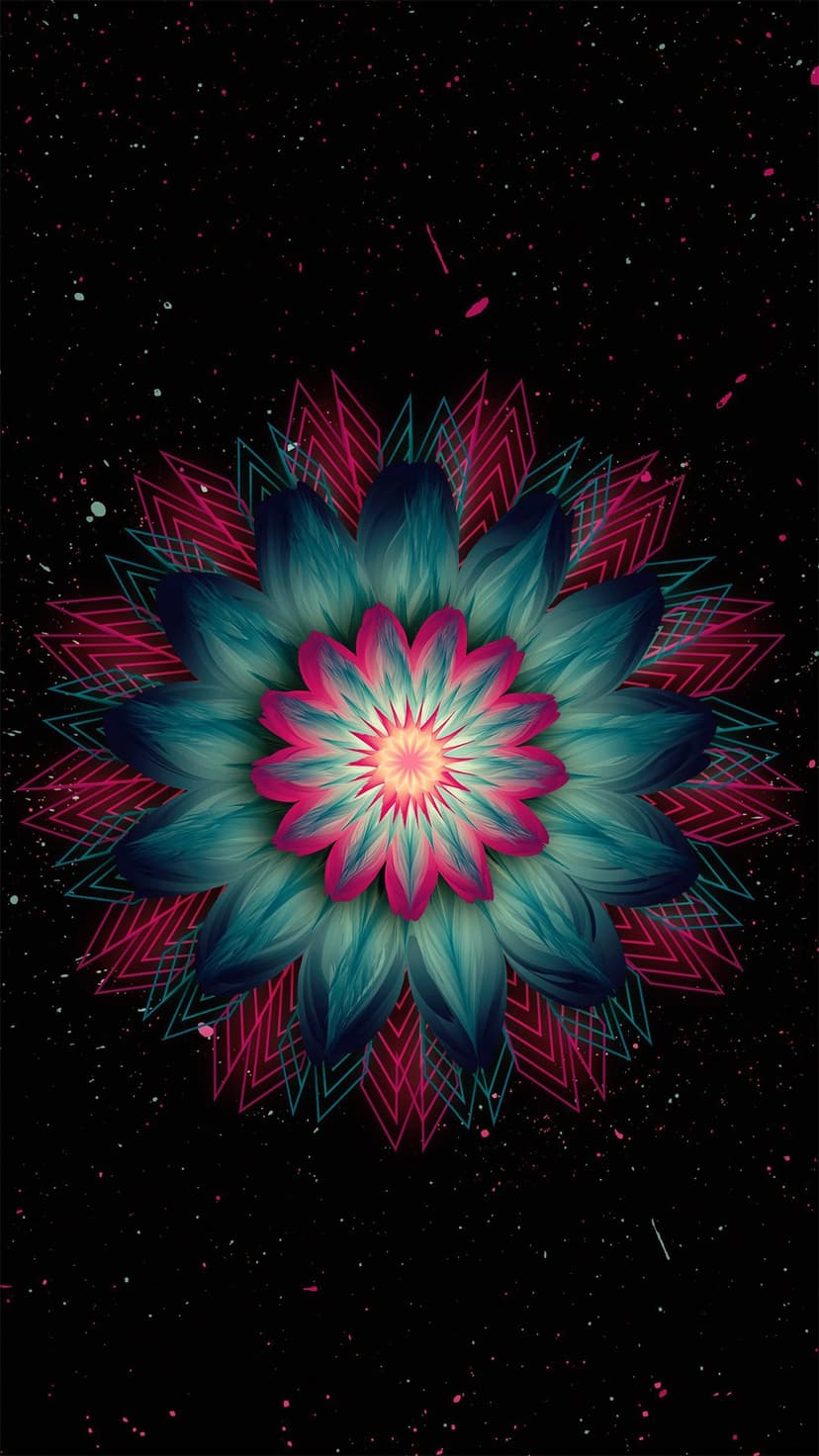 Stylized neon teal and pink flower with geometric petals and yellow splatters on a dark speckled background.