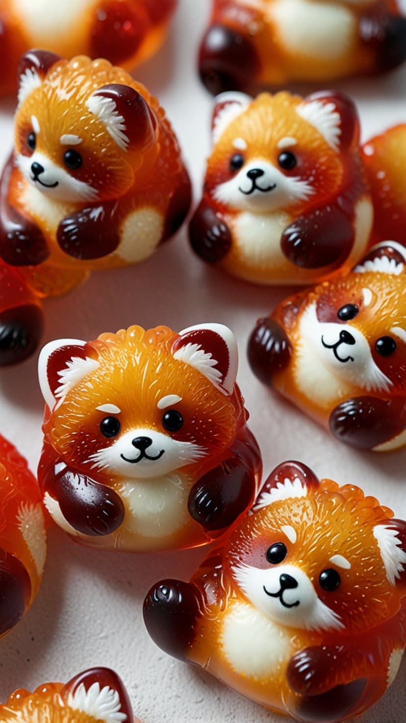 Red panda shaped gummy candies with translucent orange bodies and brown accents sit grouped on a flat surface.