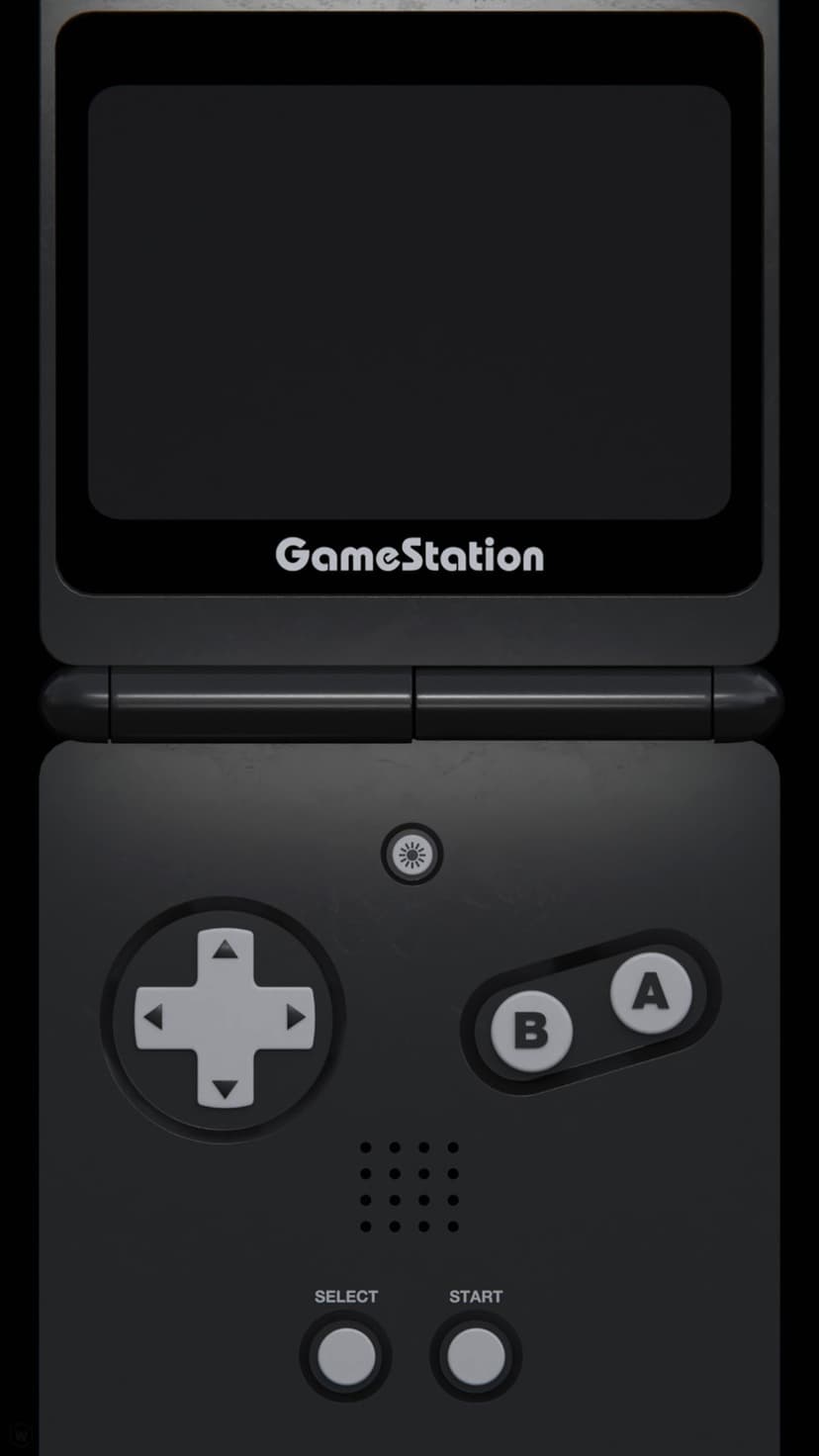 Black handheld gaming console with a clamshell hinge, a directional pad, and round action buttons on the base.