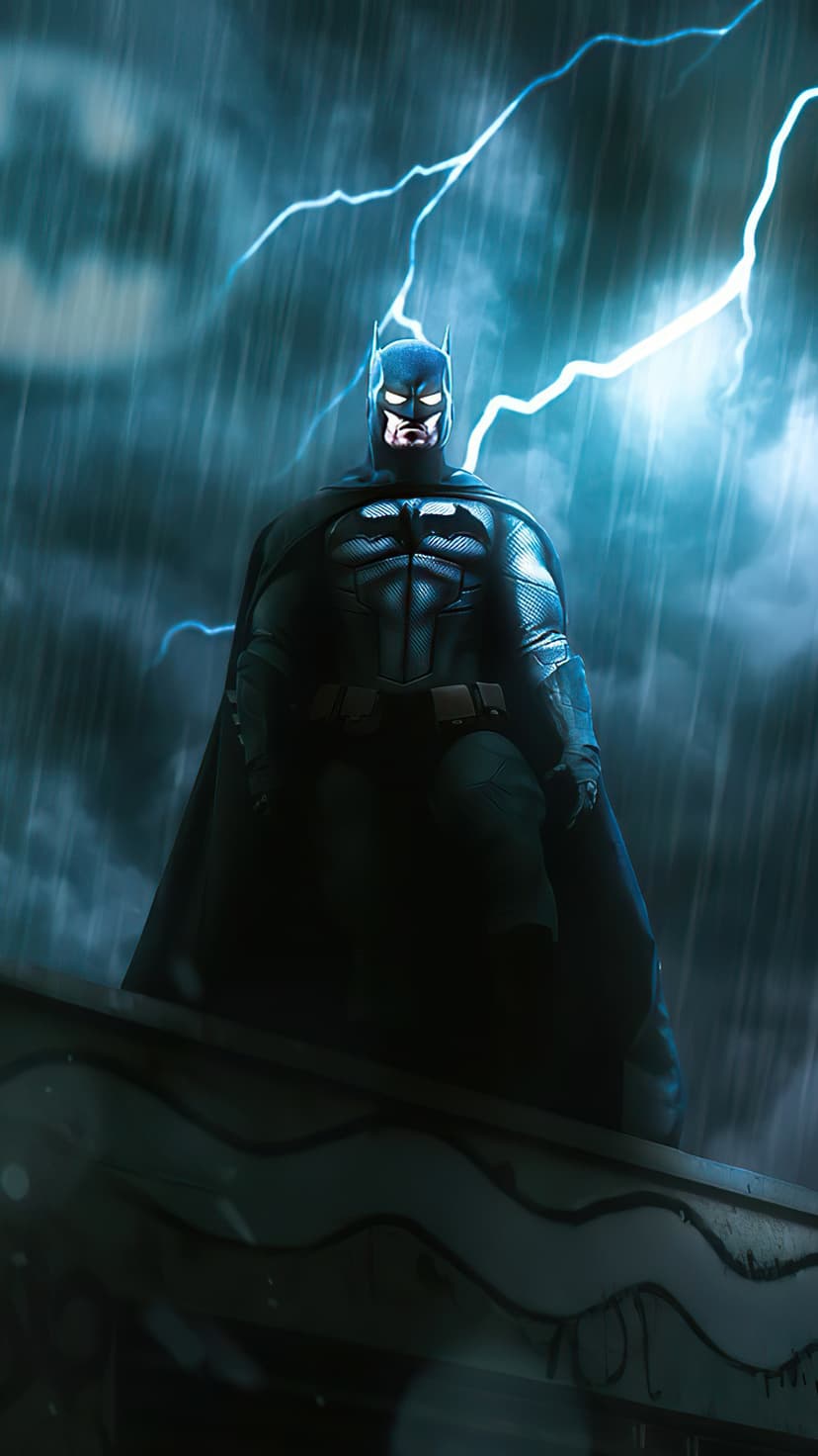 Batman in armored suit stands on a rainy rooftop while blue lightning flashes across a dark stormy sky.