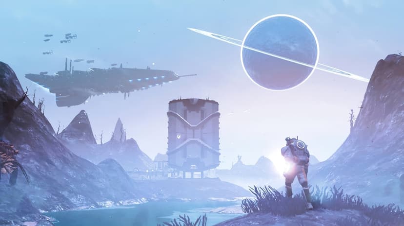 Astronaut looking at a large cylindrical tower and a ringed planet under a misty blue sci-fi sky.