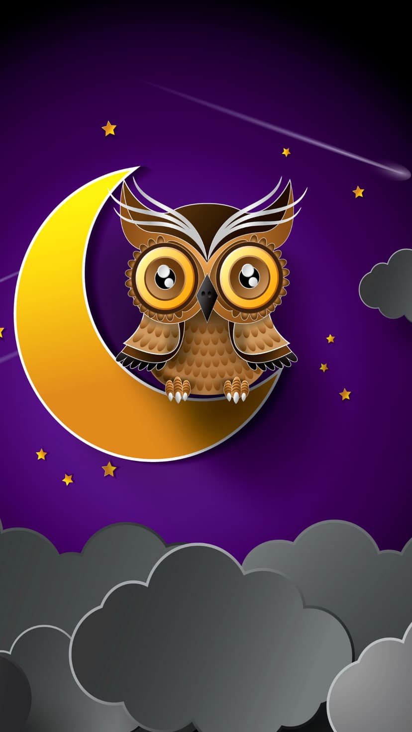 Owl with golden eyes sits on a glowing yellow crescent moon amidst a purple sky with stars and dark clouds.