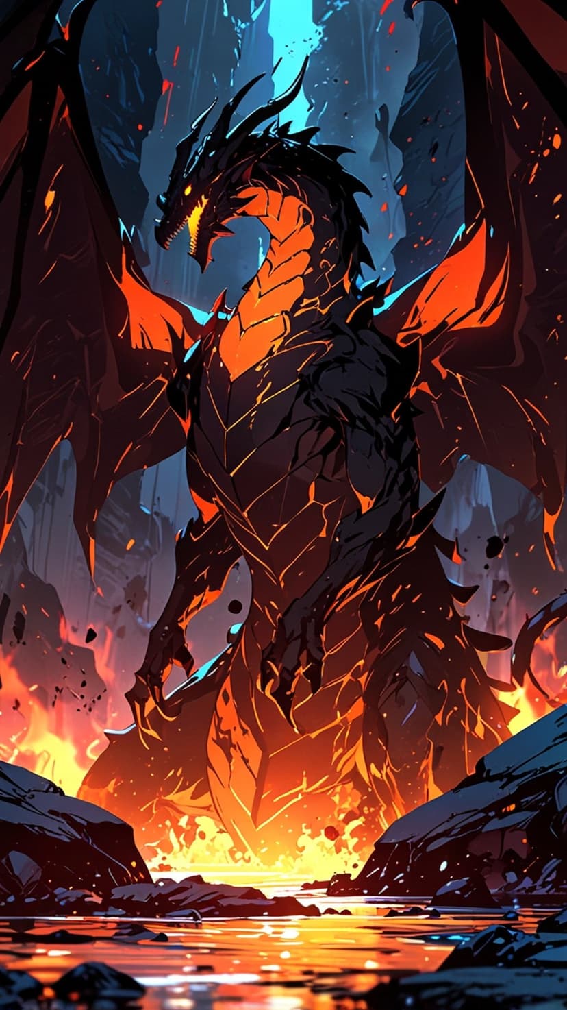 Black dragon with orange wings and blue eyes emerges from a glowing lava cavern surrounded by jagged dark rocks.