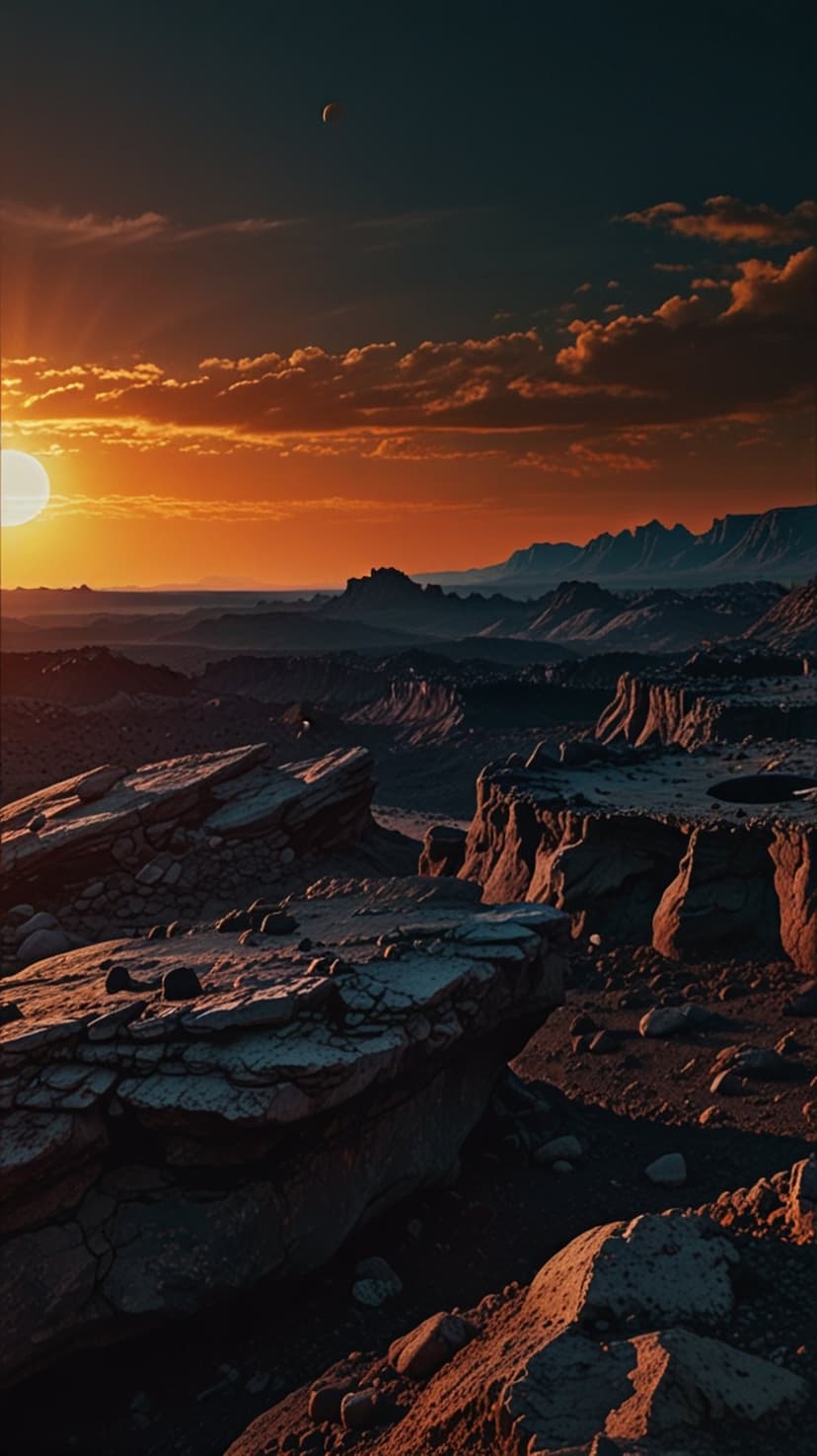 Giant orange sun setting behind jagged mountain silhouettes on a barren alien planet with a crescent moon above.