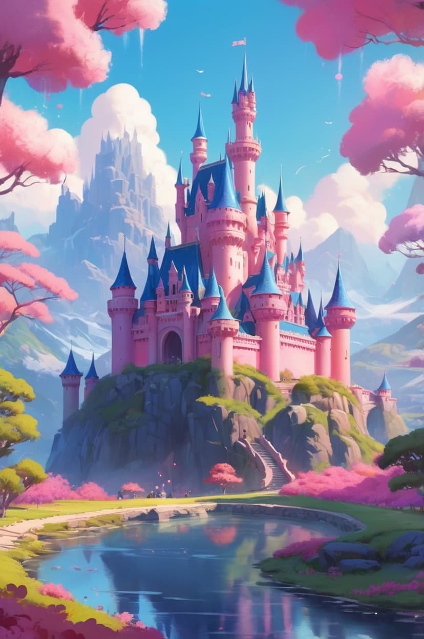 Pink castle with blue turrets sits on a grassy hill surrounded by blooming cherry trees and snowy mountains.