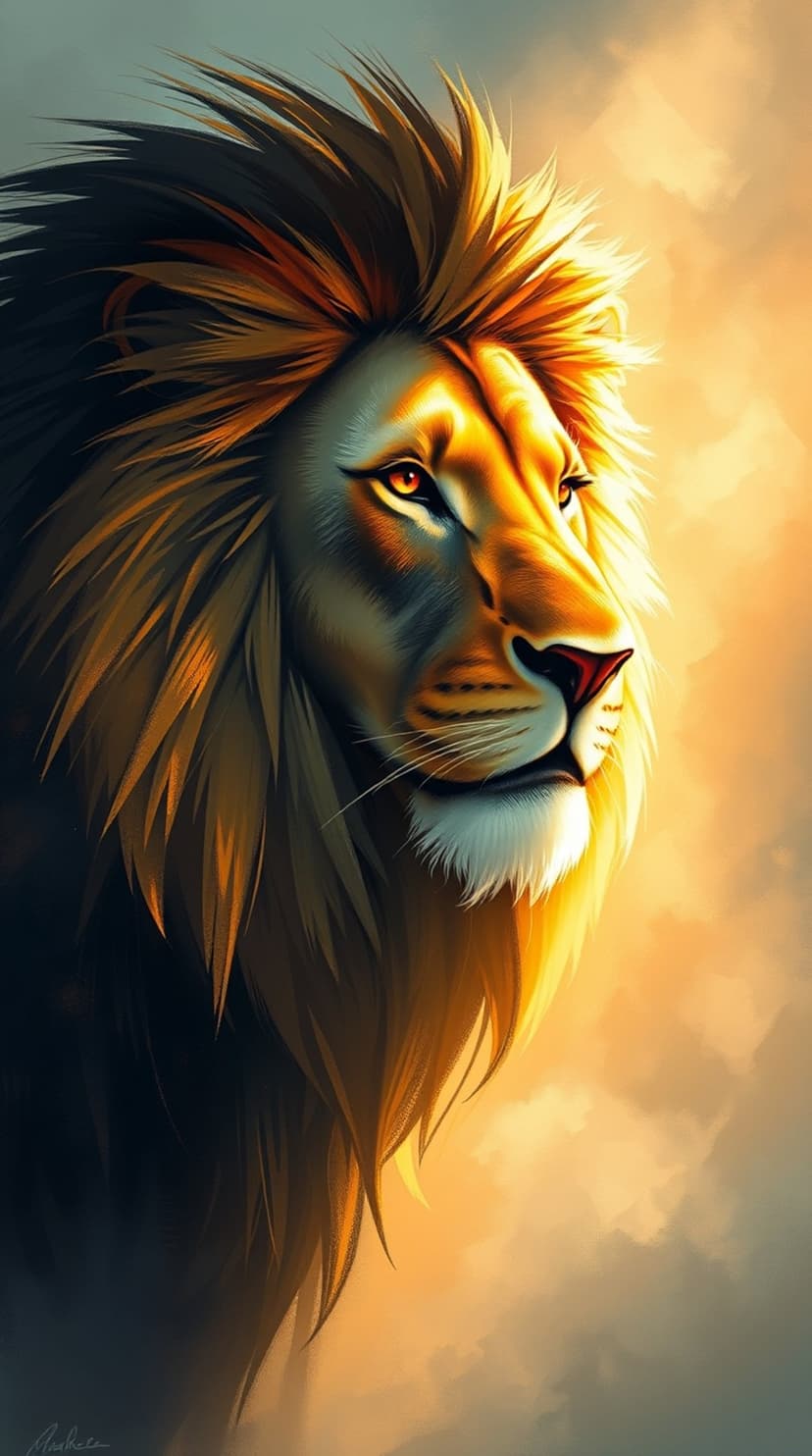Lion with a thick golden mane turns its head against a backdrop of orange clouds and warm sunset light.