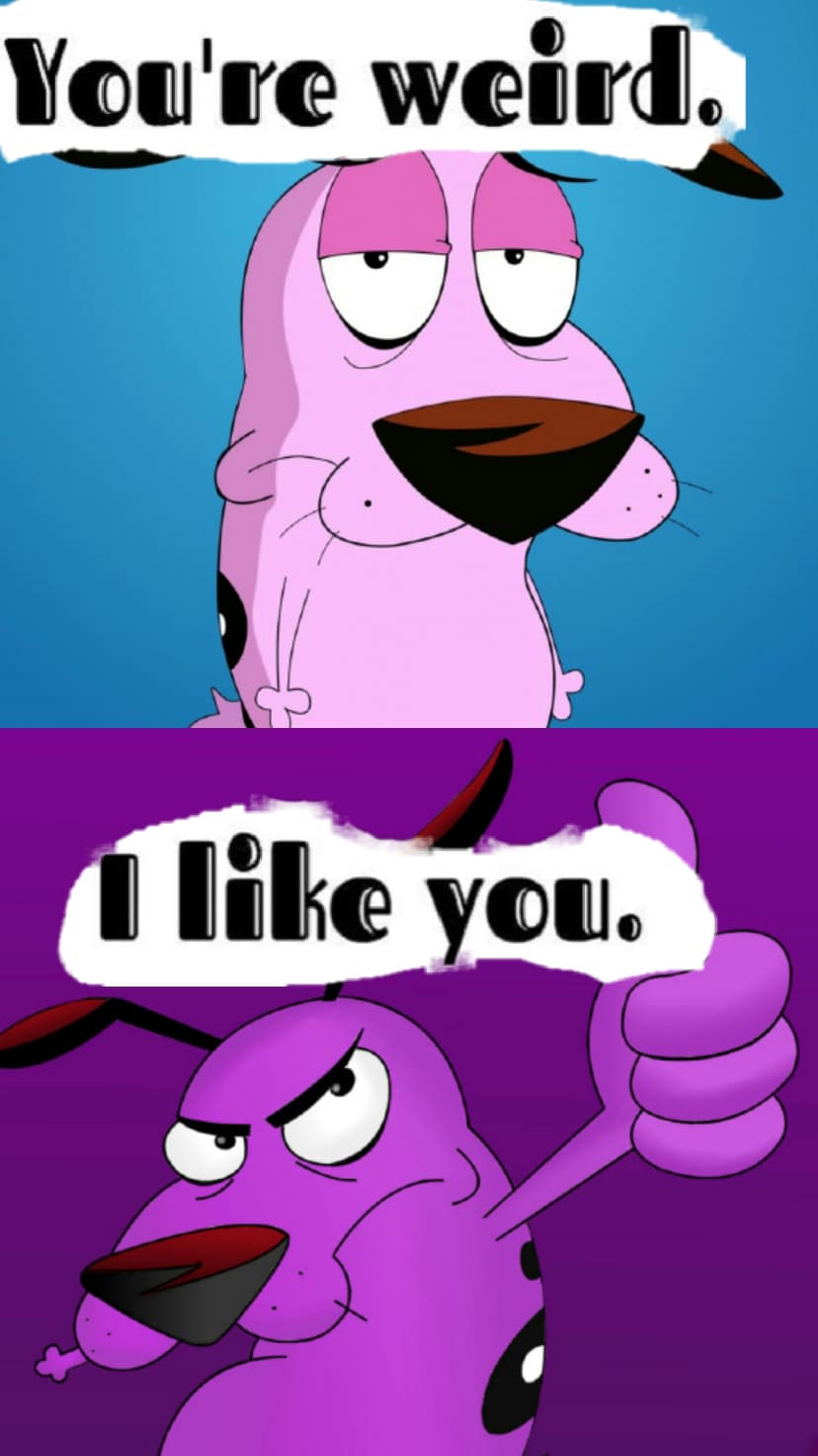 Courage the Cowardly Dog expresses worry then gives a thumbs up with meme text on a vertical background.