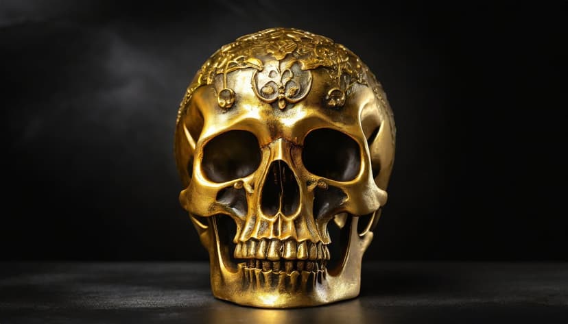 Golden skull featuring detailed filigree carvings and polished surfaces centered on a dark matte background.