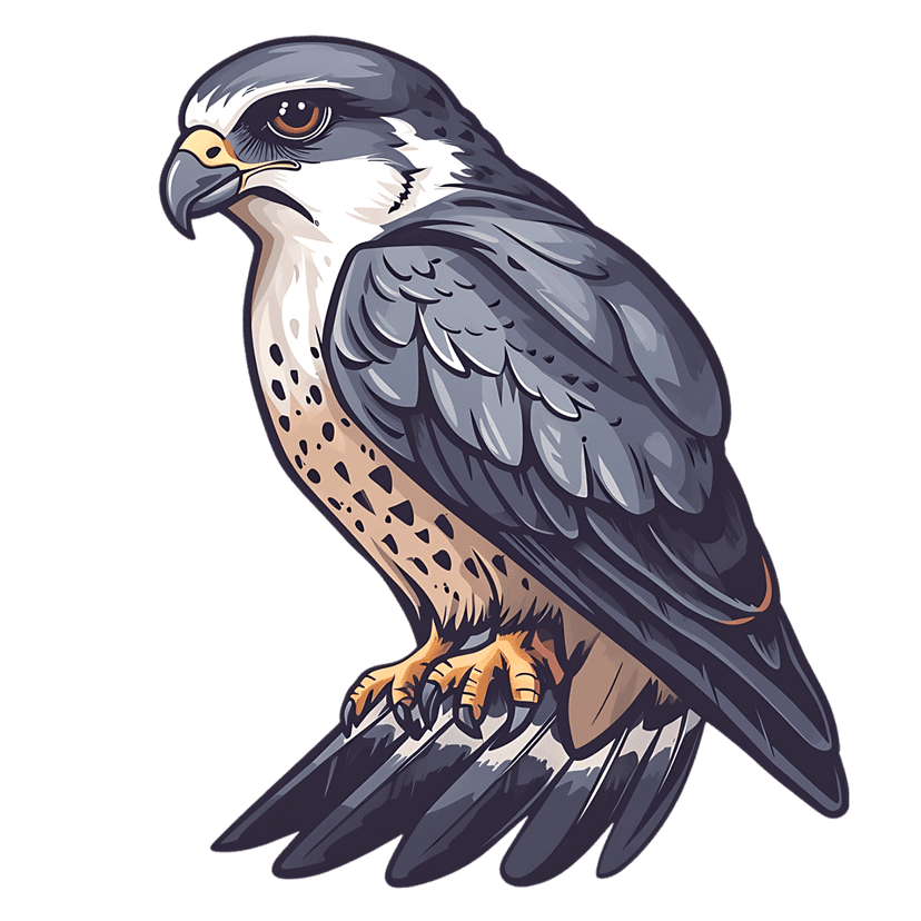 Peregrine falcon digital painting showing detailed feathers, yellow eyes, and sharp beak against white background.