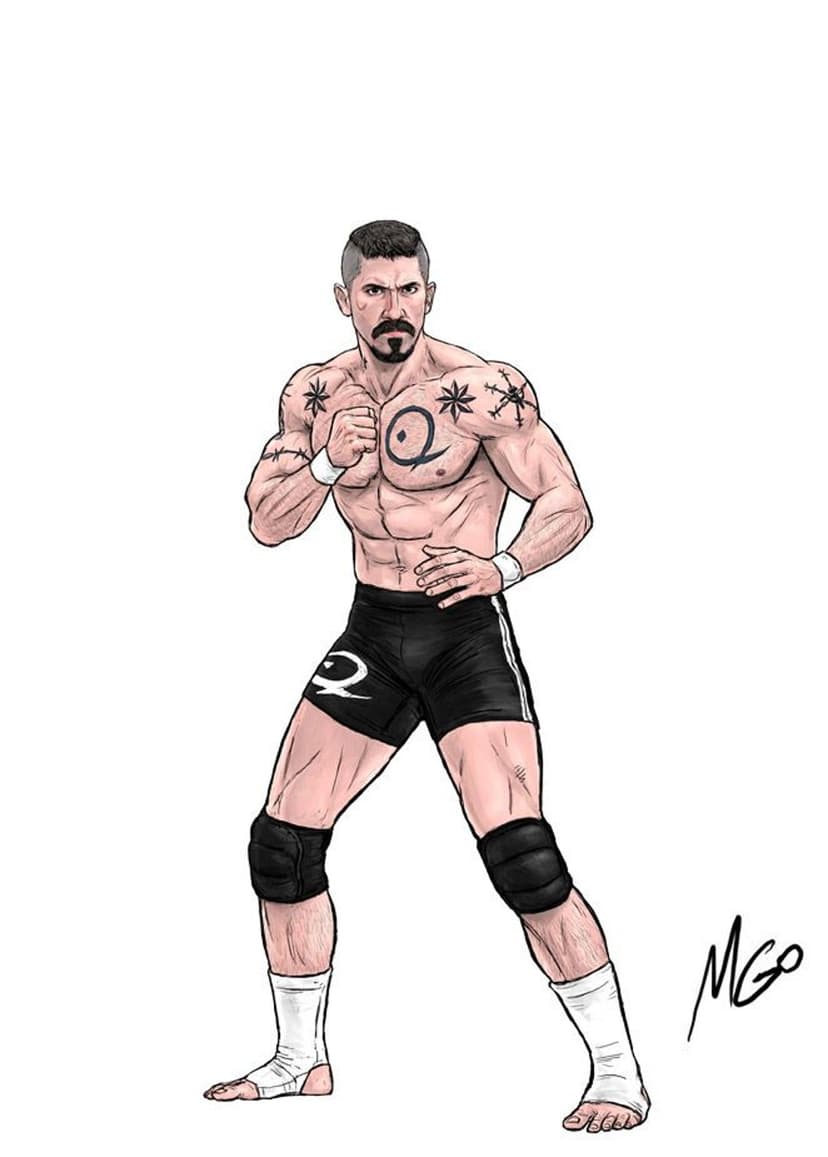 Muscular fighter with chest tattoos and goatee poses in a combat stance against a minimalist white background.