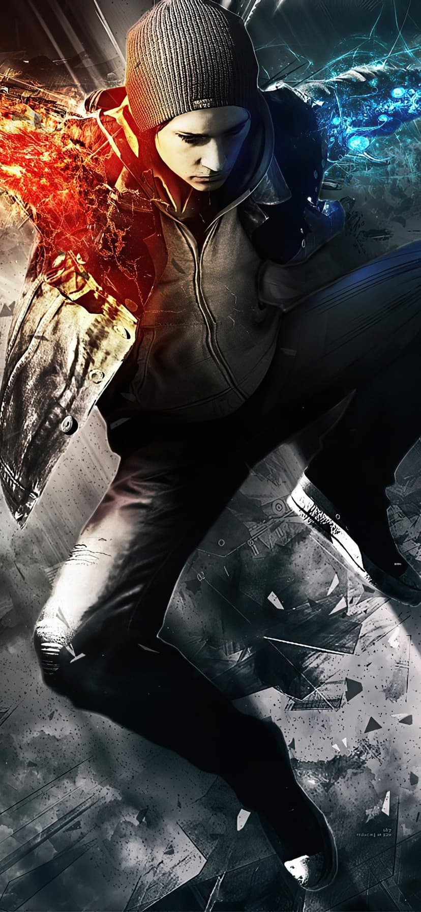 Delsin Rowe leaping mid-air with glowing orange and blue energy hands against a dark shattered background.