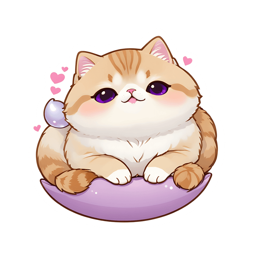 Chibi kitten illustration featuring a beige tabby cat with purple eyes resting on a violet crescent pillow.