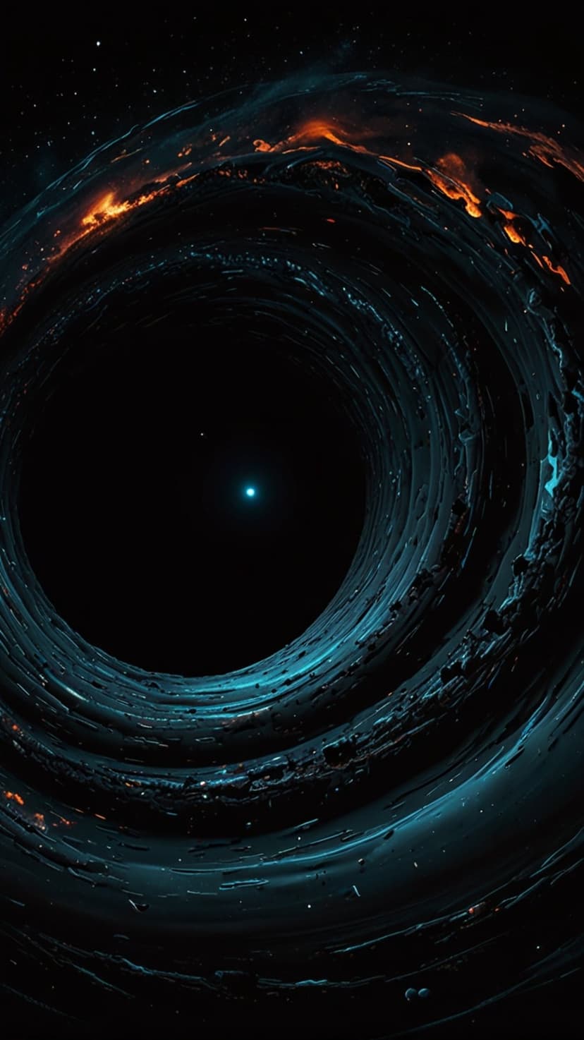 Swirling orange and blue plasma rings surround a dark singularity against a dense backdrop of distant stars.