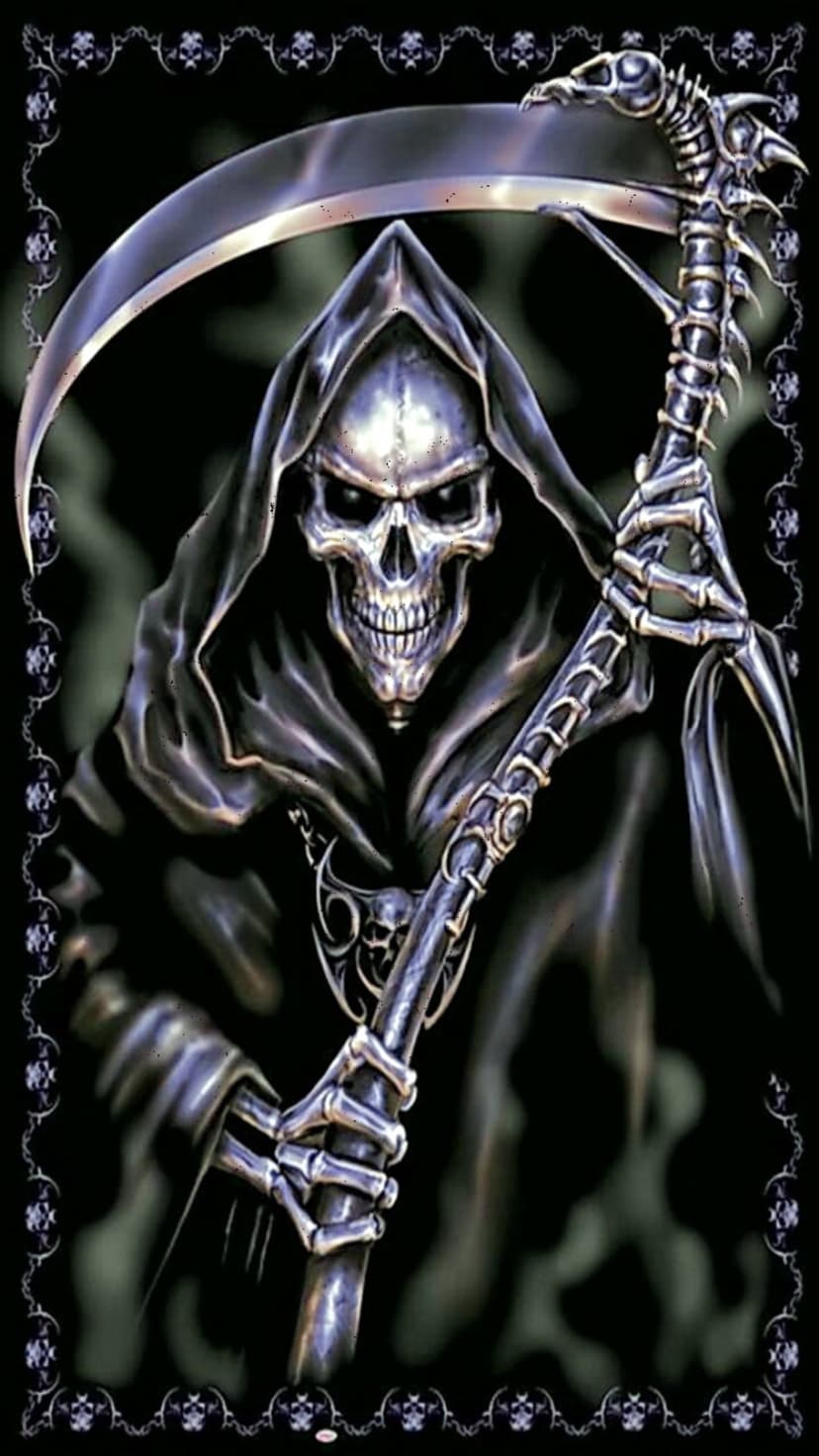 Skeletal Grim Reaper in a black hood holds an ornate scythe amidst swirling shadows and dark mist.