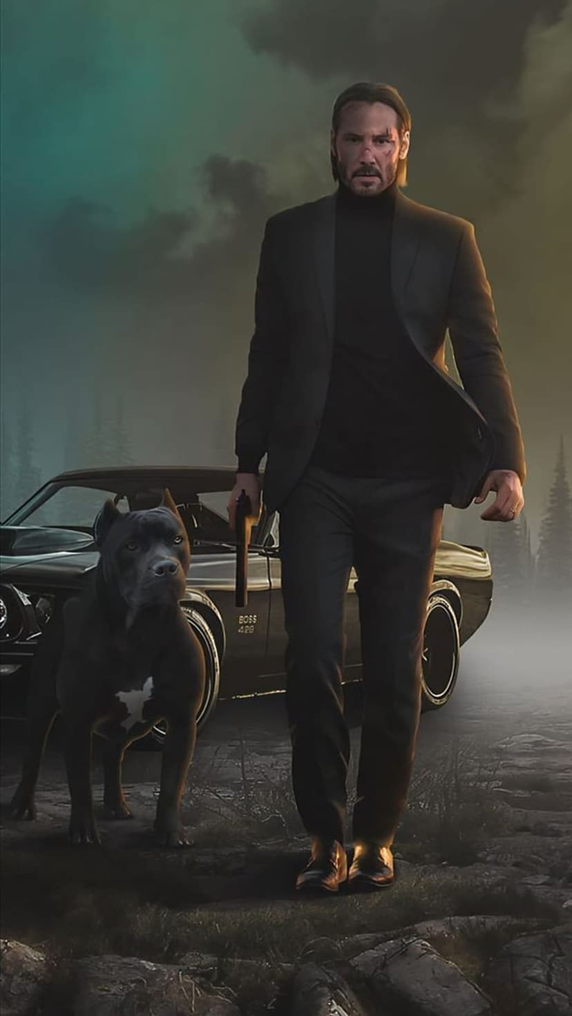 John Wick stands beside a black muscle car and a pit bull dog under a dark, misty and atmospheric sky.