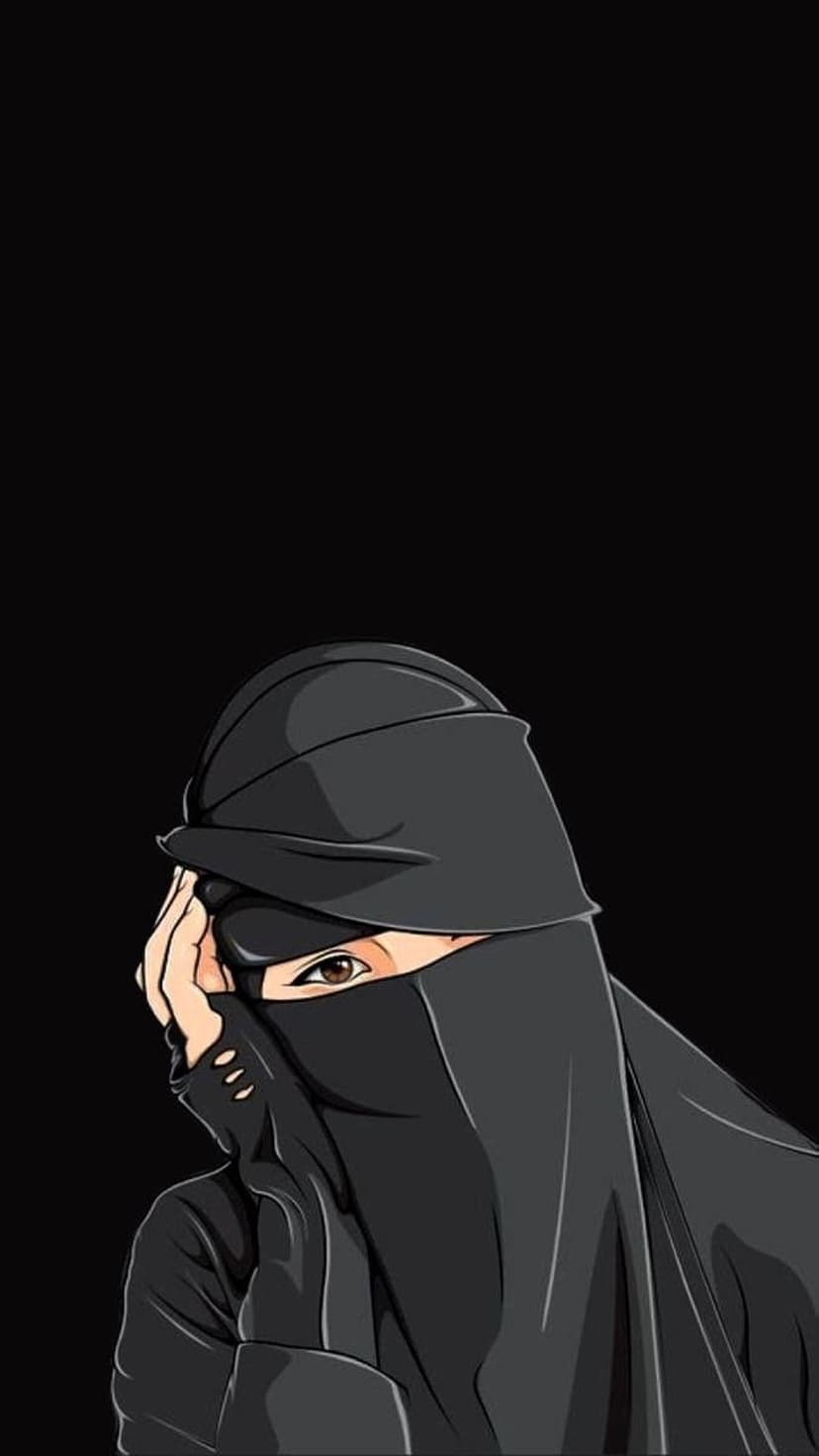 Veiled woman with striking brown eyes peeks behind a black niqab and raised hand against a dark, moody background.