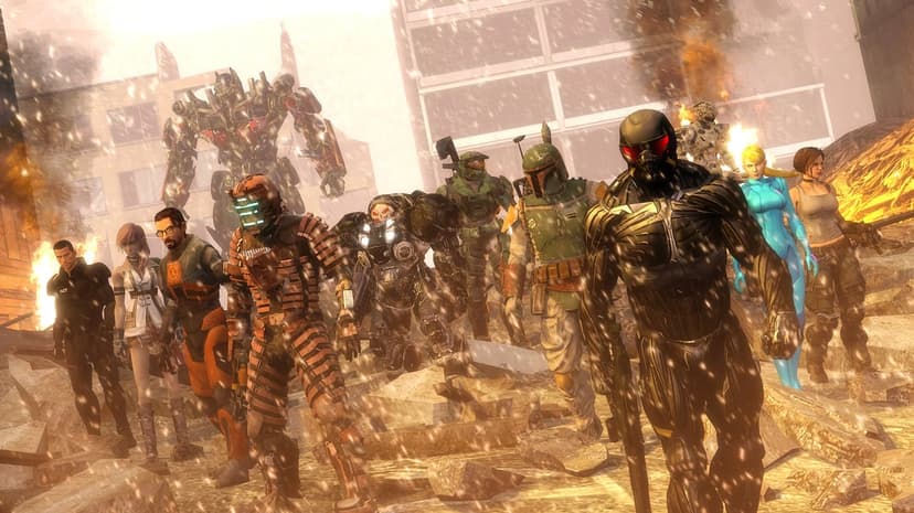 Iconic gaming heroes stand amidst war-torn urban ruins under a dusty, cinematic sky with falling embers.