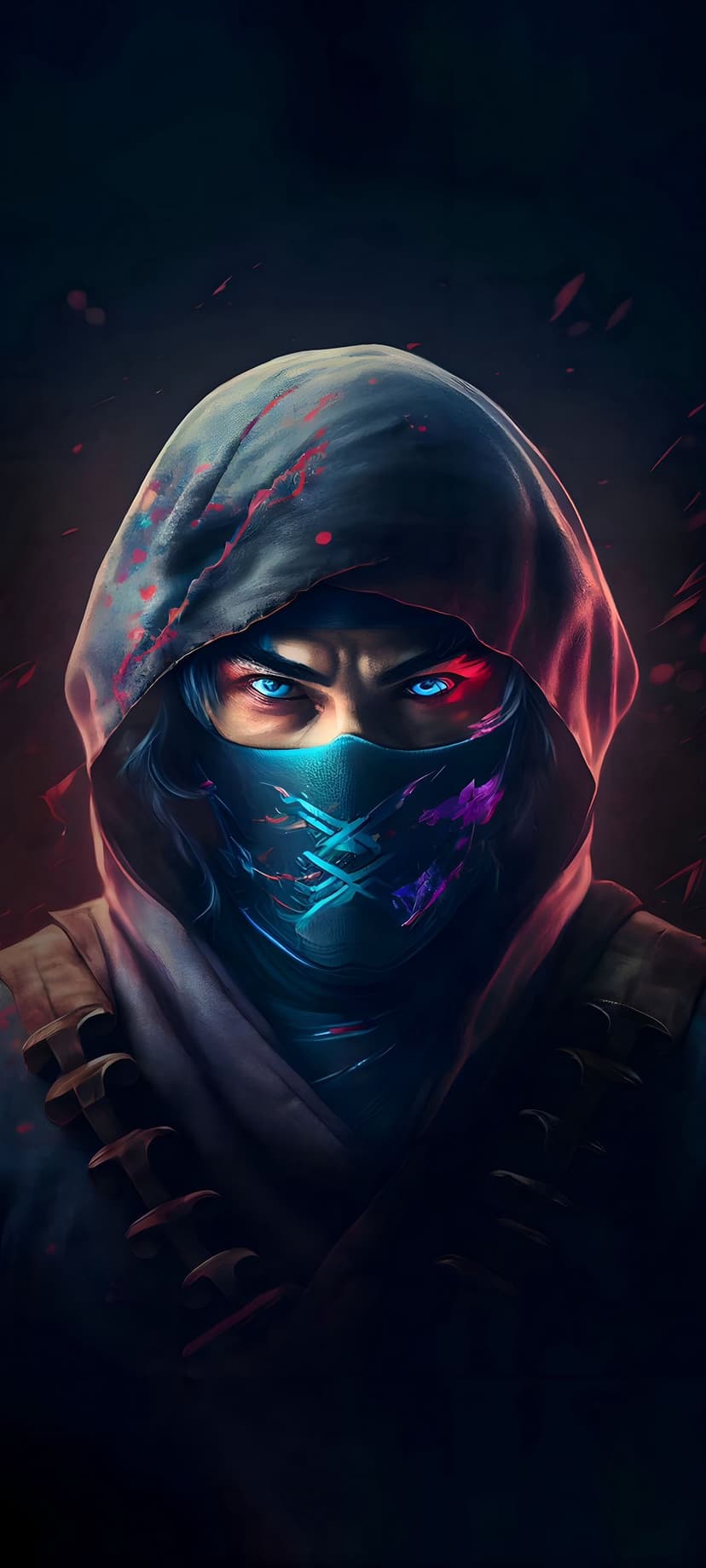 Hooded warrior with luminous blue eyes wears a blood-stained robe and neon mask against a dark, hazy backdrop.