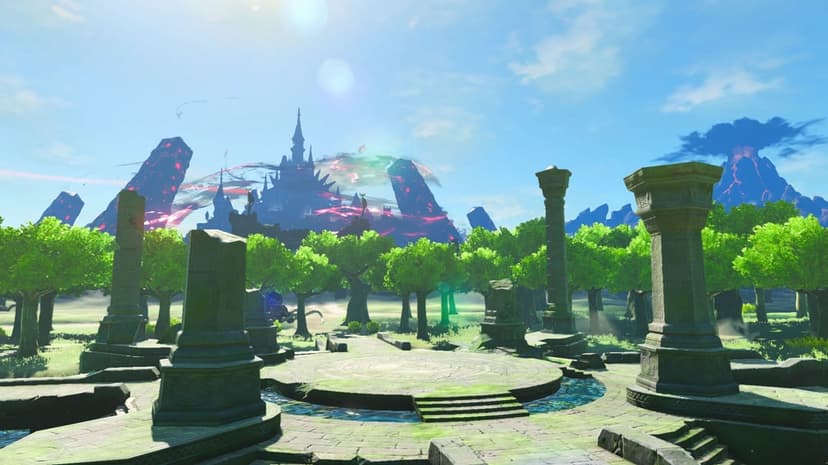 Stone pillars and a circular platform in a green grove facing a distant castle with pink swirling energy.