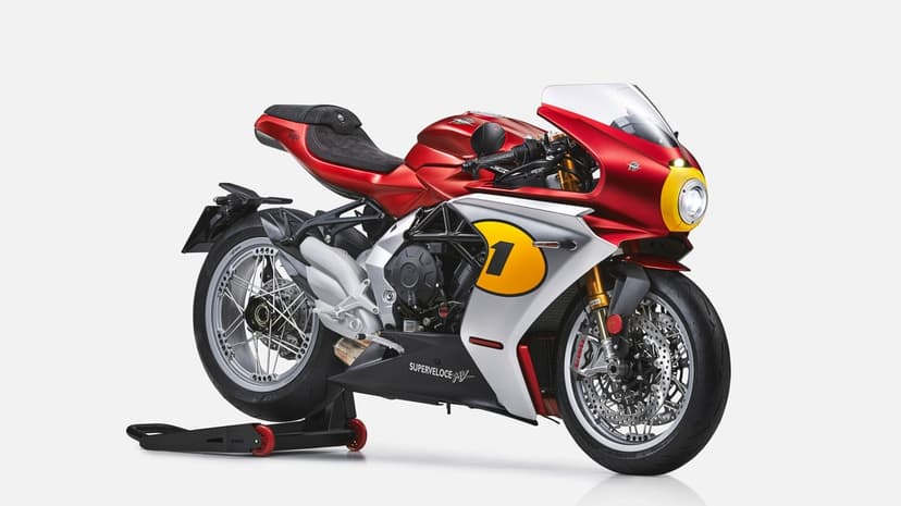 MV Agusta Superveloce Ago motorcycle in red and silver with yellow racing accents on a white studio background.