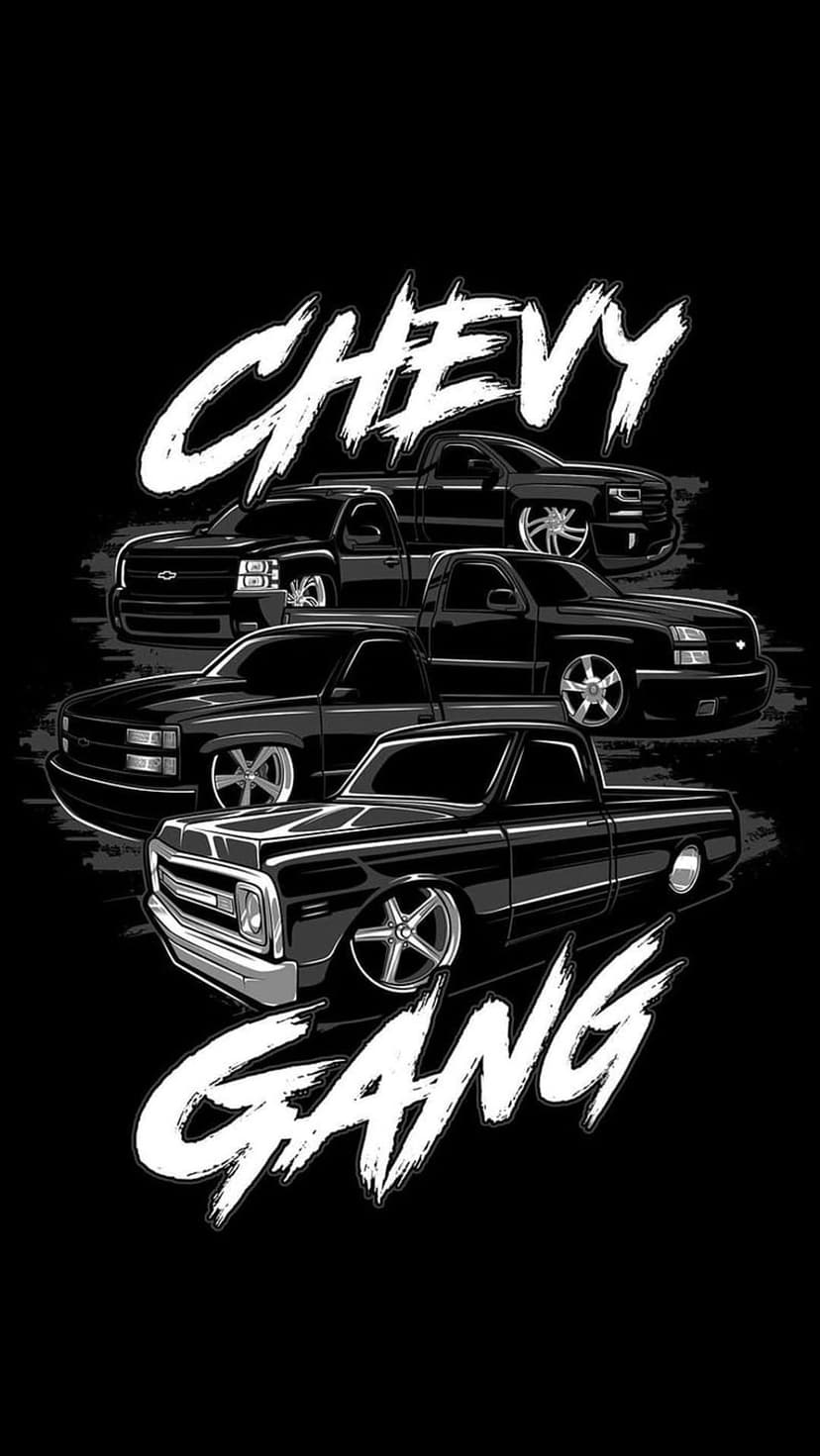 Multiple lowered Chevrolet pickup trucks frame distressed white Chevy Gang lettering on a black backdrop.