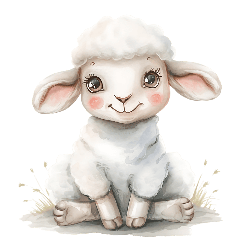 White sheep watercolor illustration sits on green grass against a black background with soft wool textures.