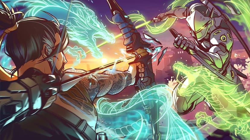 Hanzo and Genji duel with blue and green dragon spirits against a sunset sky in a cinematic gaming scene.