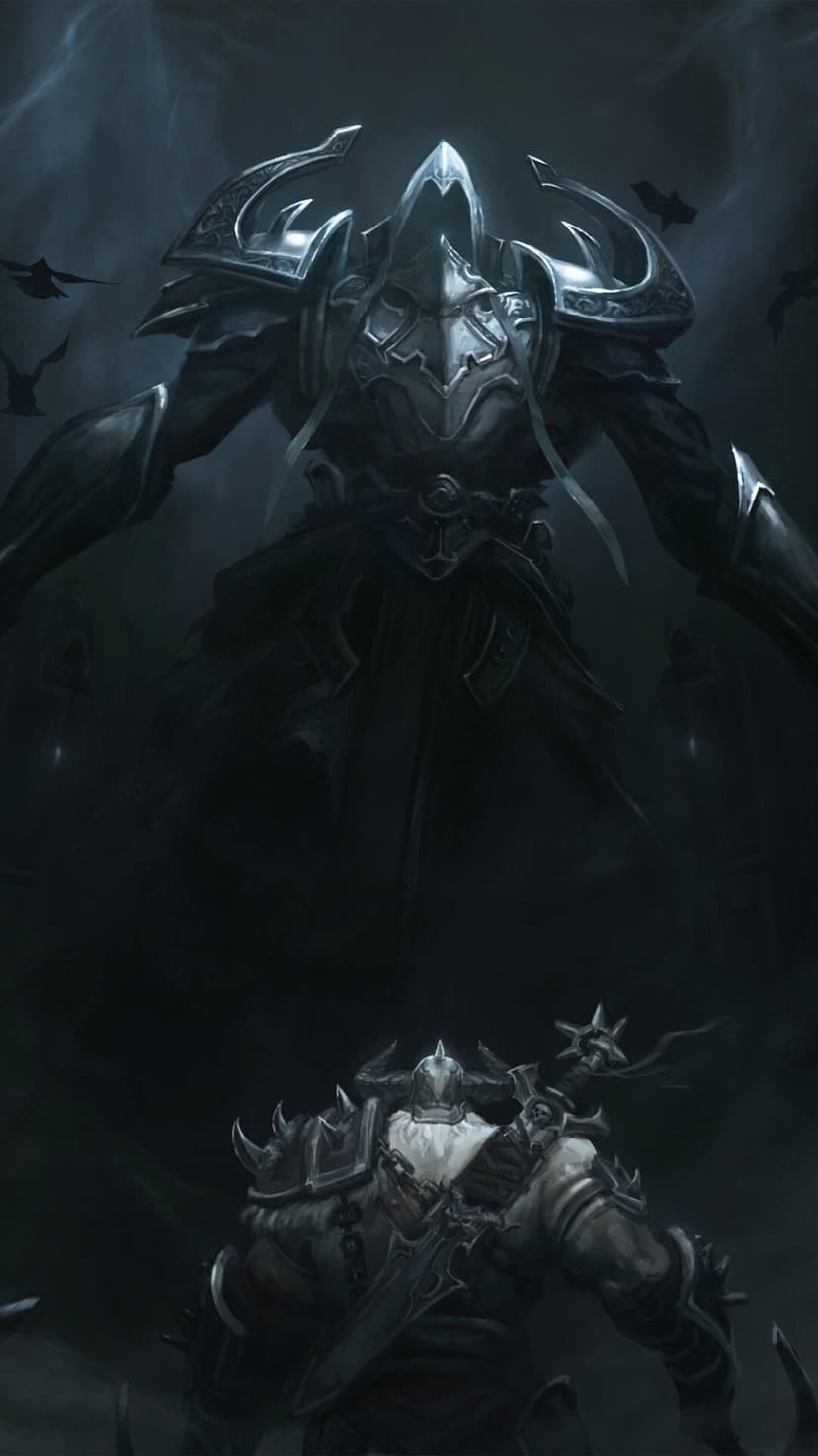 Large hooded knight in silver armor looms over a muscular warrior in a dark, misty fantasy landscape.